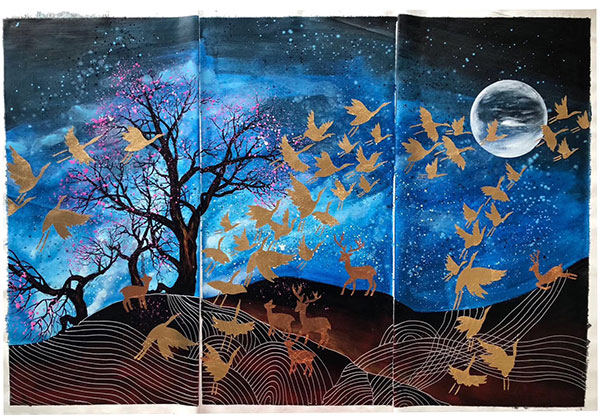 JAHRRIESNGE Landscape of birds-deers-night-lpg1473 